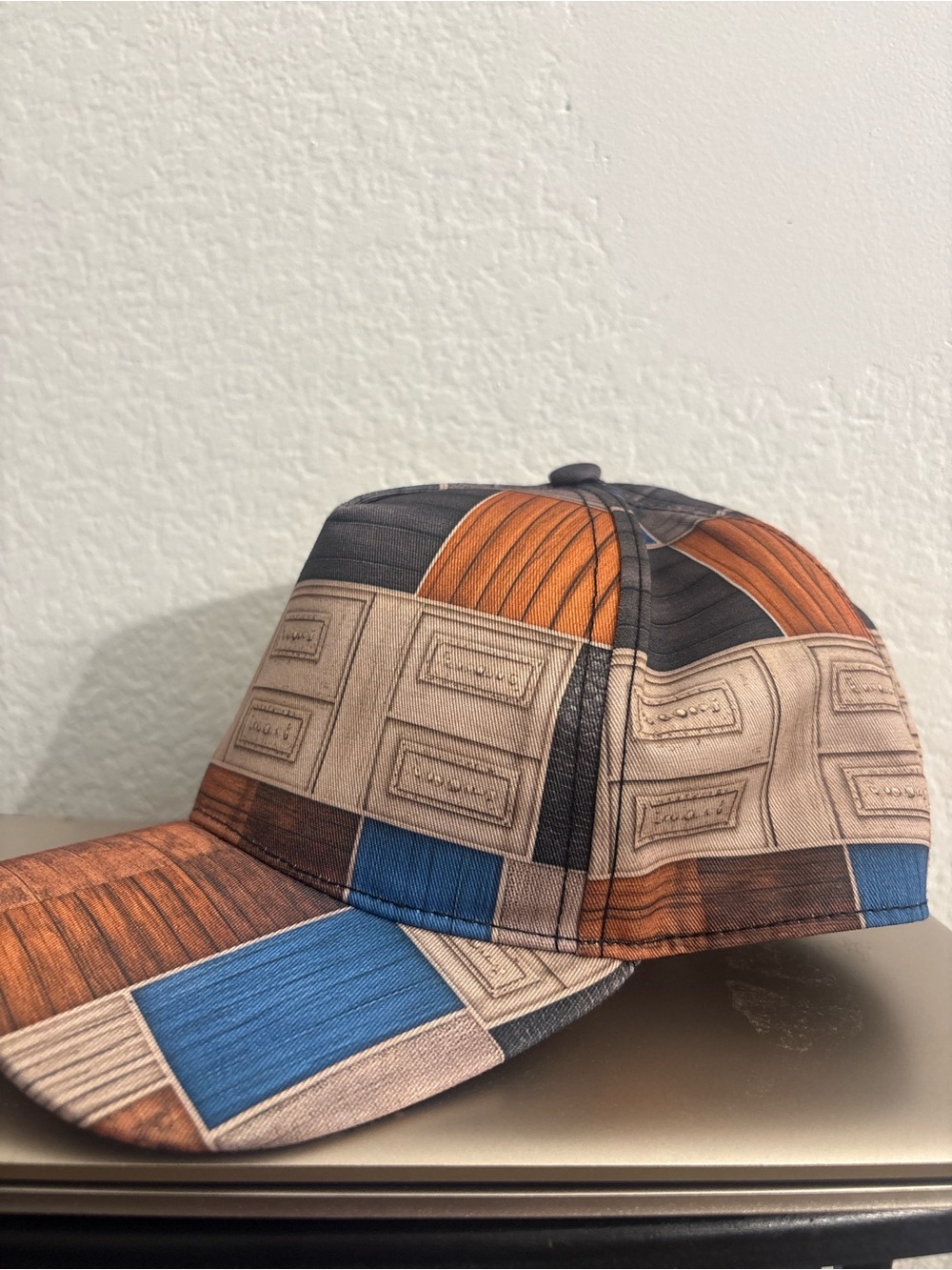 Patterned Patchwork Baseball Cap in Brown, Blue, Tan